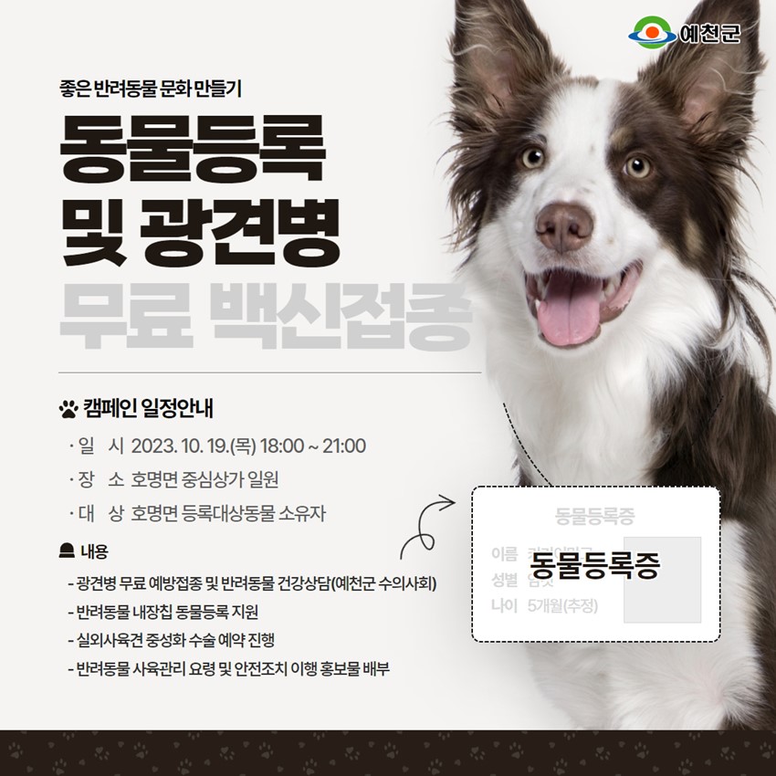 1.동물등록 및 광견병 무료 백신접종 내일입니다.